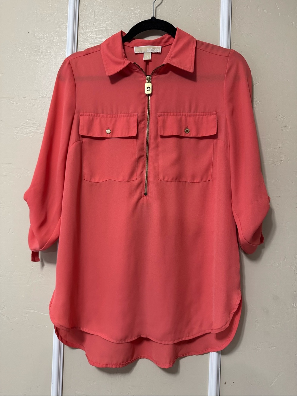 Michael Kors Coral Zip-Front Utility Blouse